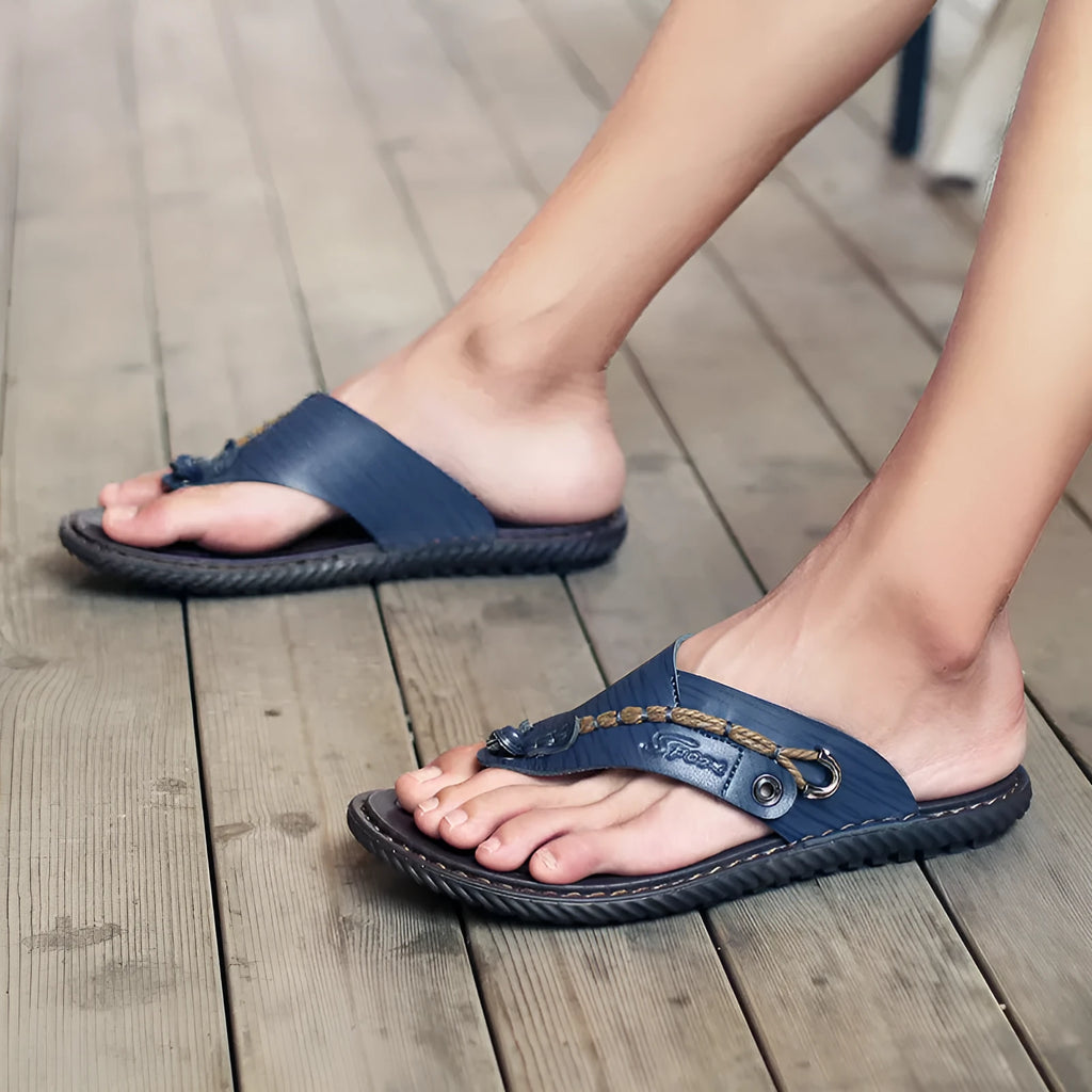 Men's non-slip PU leather slippers in black, blue, khaki, and light brown colours