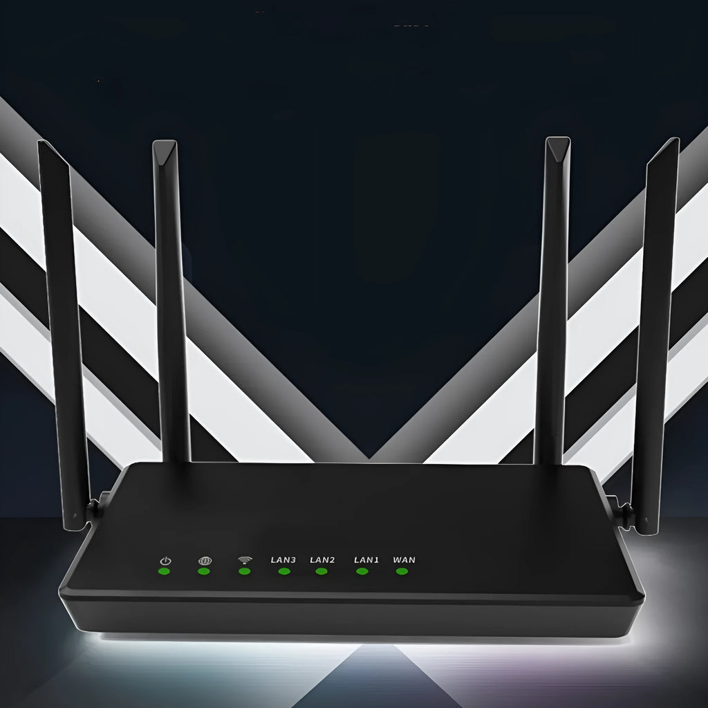 Portable 300 metre home WiFi router with metal chassis showing network ports