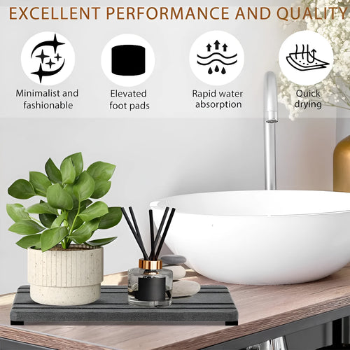 Three square diatom oil bathroom countertop drying mats in solid colours on a bathroom vanity
