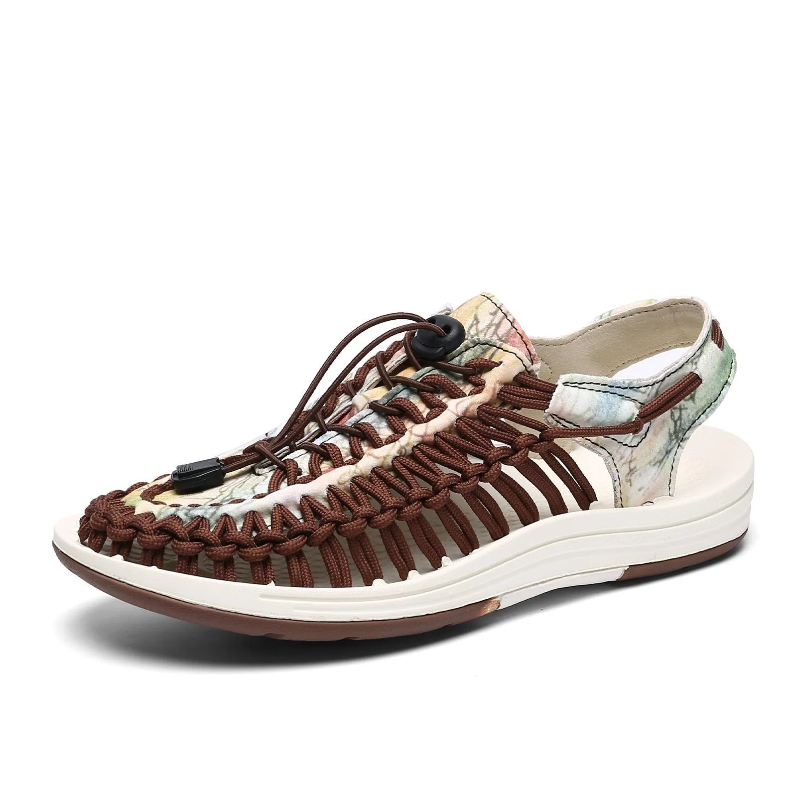 Woven Roman-style sandals with elastic drawstring tie and non-slip rubber sole