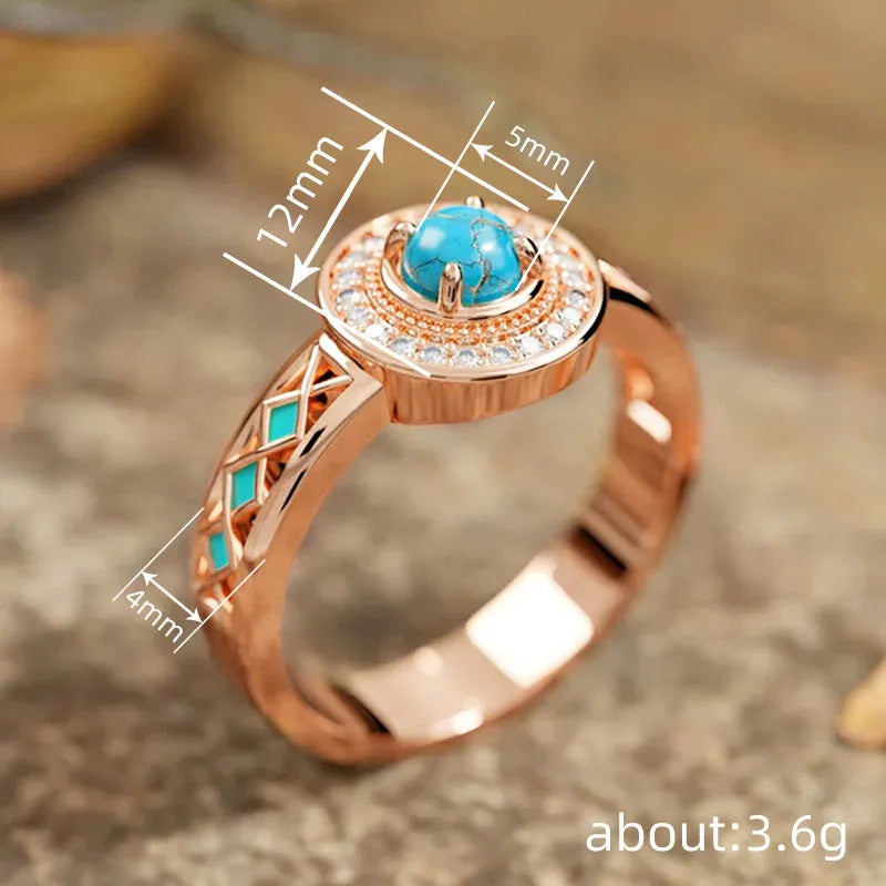 Women's turquoise geometric square ring with inlaid zircon stones on a rose gold band.