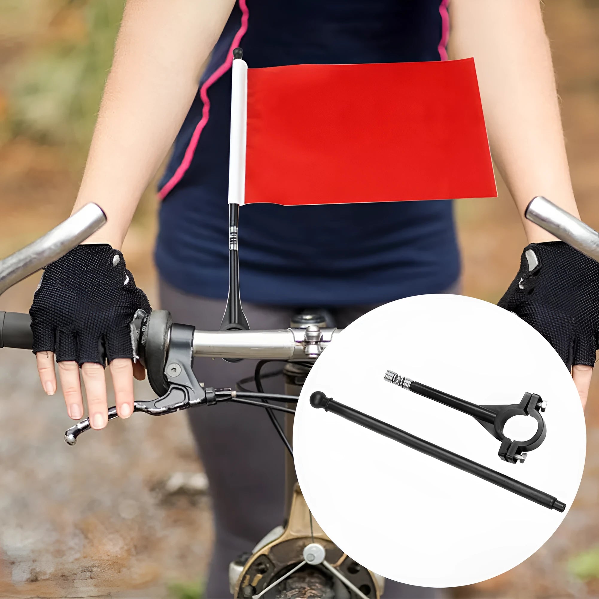 Square polyester cycling flag on a plastic pole mounted to bicycle handlebars.