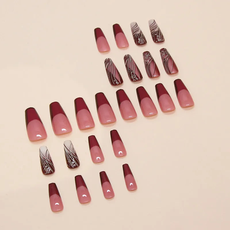 French line pattern fake nail stickers ABS plastic 24 pieces with glue