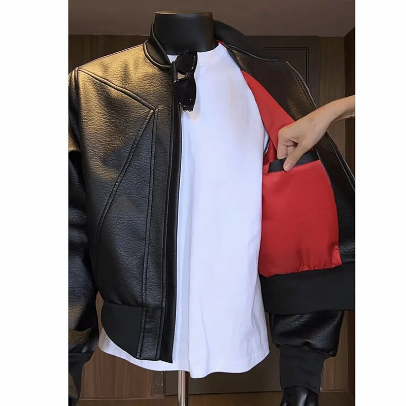 Men's black PU leather biker jacket with egg white litchi pattern texture, extended length design