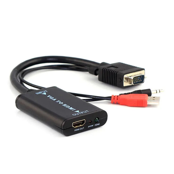 Black VGA to HDMI female converter with USB power cable and 3.5mm audio jack