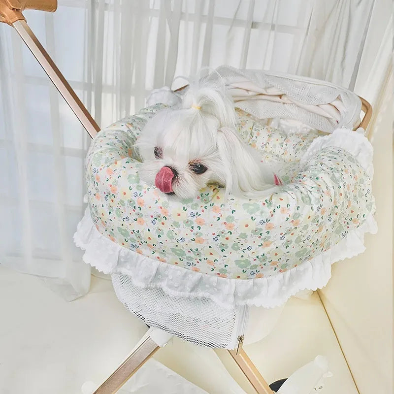 Pure cotton pet stroller accessory set showing removable towel, cushion and pillow in striped pattern
