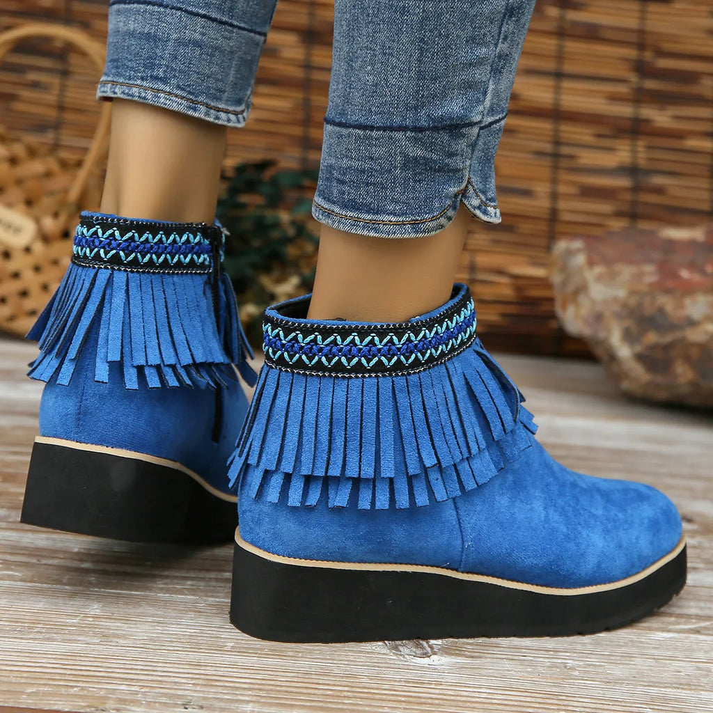Women's suede wedge ankle booties with side zipper and thick rubber sole in black colour