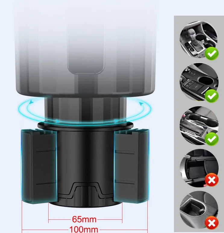 Matte black car cup holder expander with adjustable base for large bottles and cups