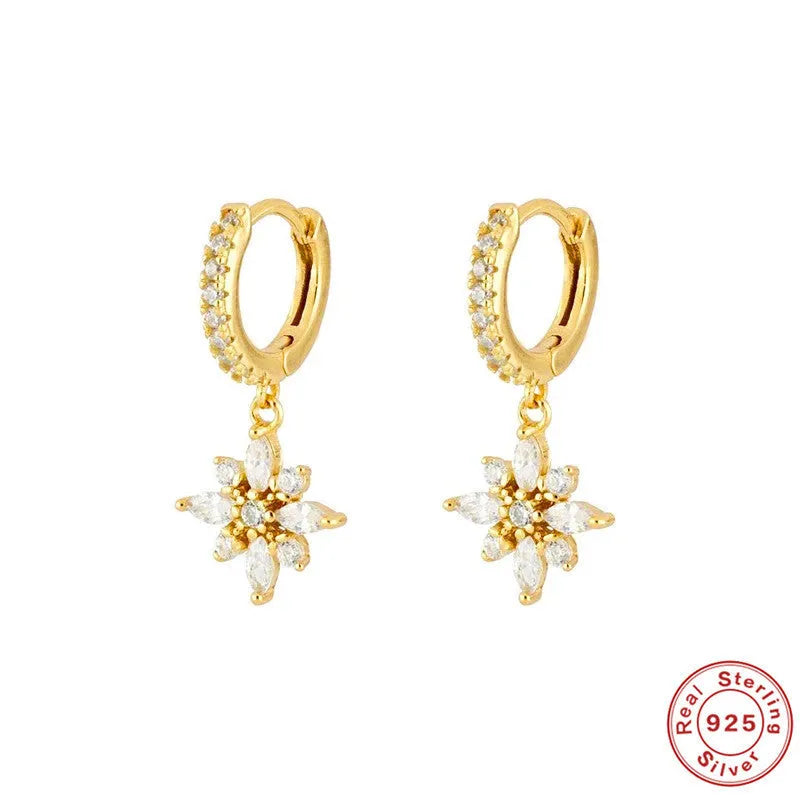 Sterling silver snowflake pendant earrings with gemstone accents in white gold or yellow gold colour options