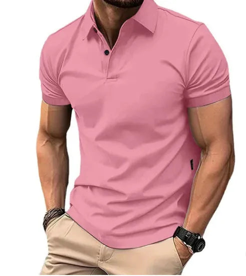 Men's slim fit short sleeve button shirt in a solid colour, showing front button closure.