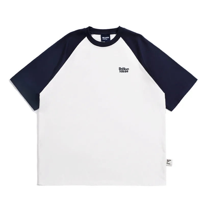 Japanese-style raglan sleeve t-shirt in blue, green, and grey colours with loose fit design