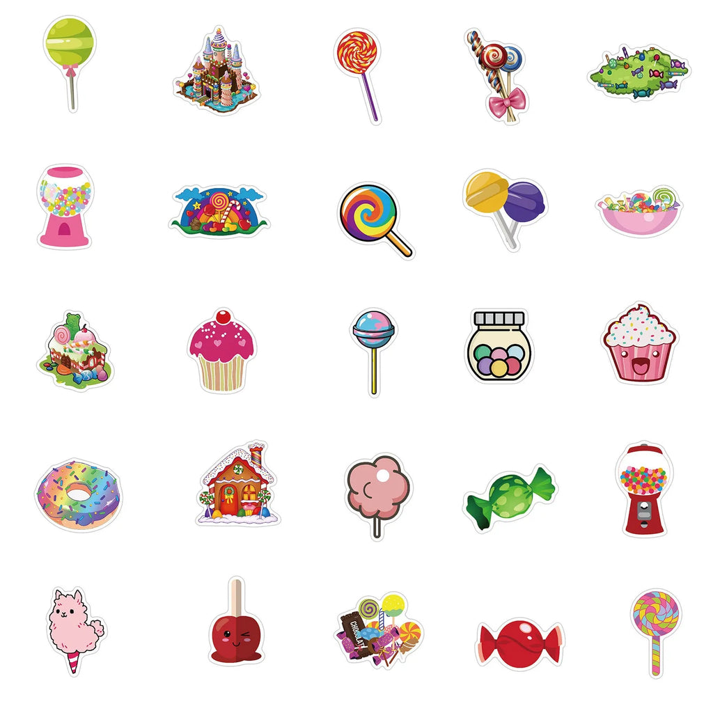 Pack of 50 colourful pink Candy series graffiti stickers with cartoon patterns for crafts.