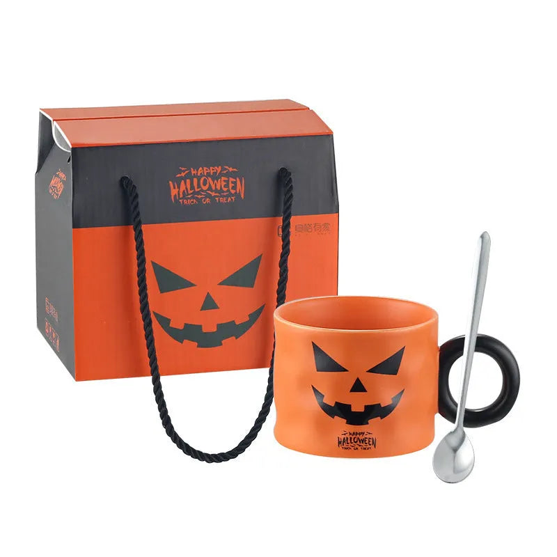15cm pumpkin ceramic mug with handle in orange or white, with spoon and gift box