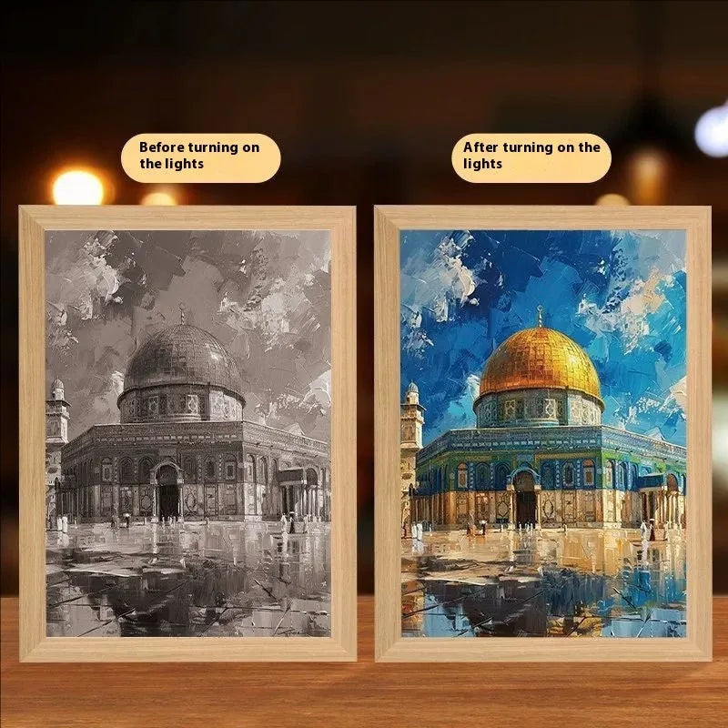 Handmade rectangular LED photo frame displaying a cross redemption garden sea home light painting artwork.
