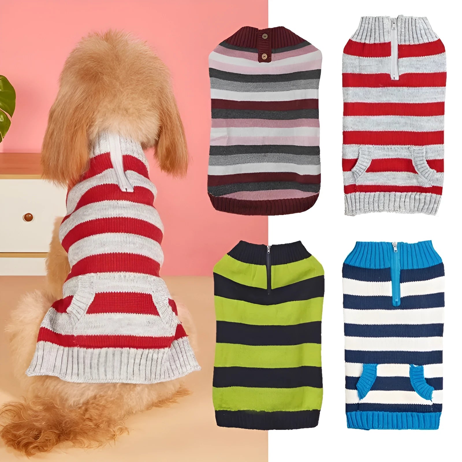 Grey dog jumper with horizontal zipper and side button pocket on small breed dog