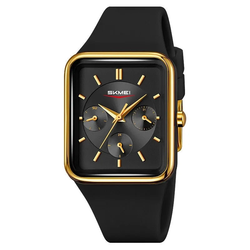 Square silicone waterproof watch for girls showing 10.8mm thickness and colour options