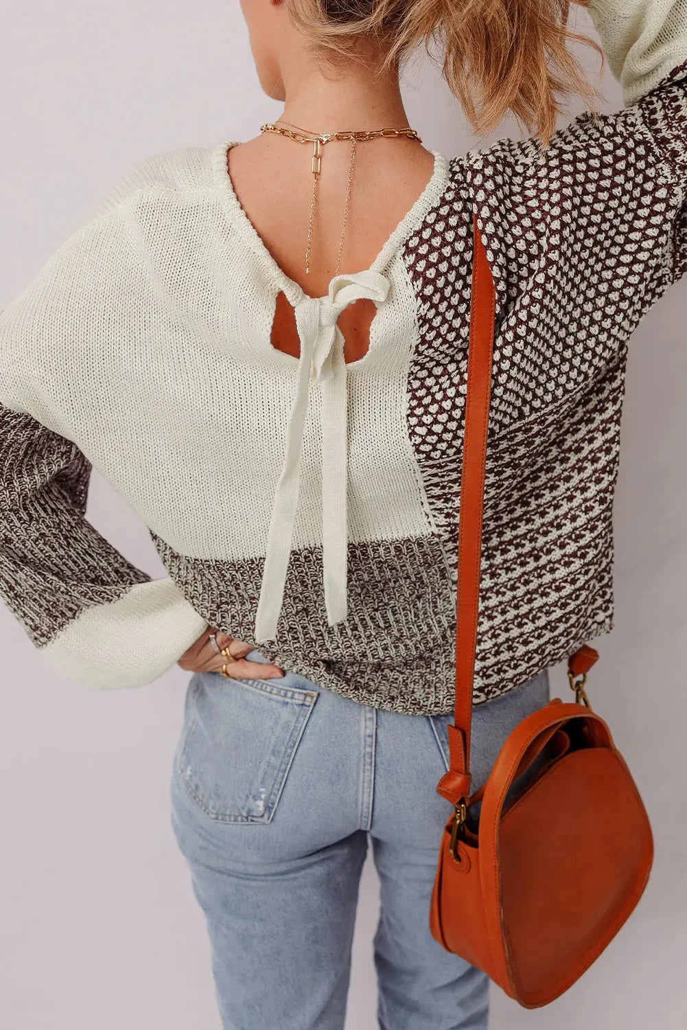 Dark khaki colour block loose knit sweater with drop shoulders and a back tie detail.