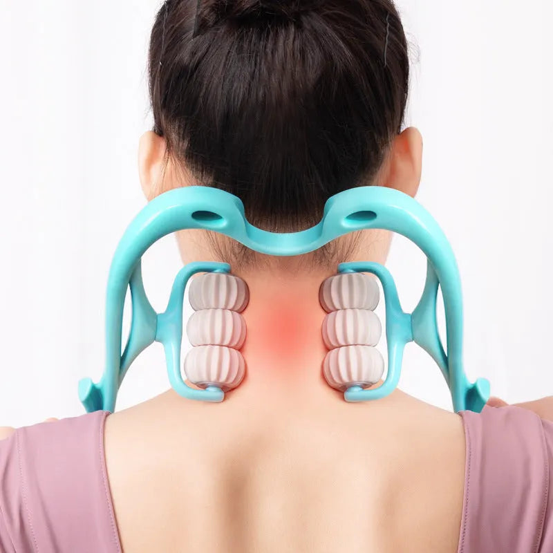 Blue plastic handheld massager with six white wheels for neck, shoulder, and waist.