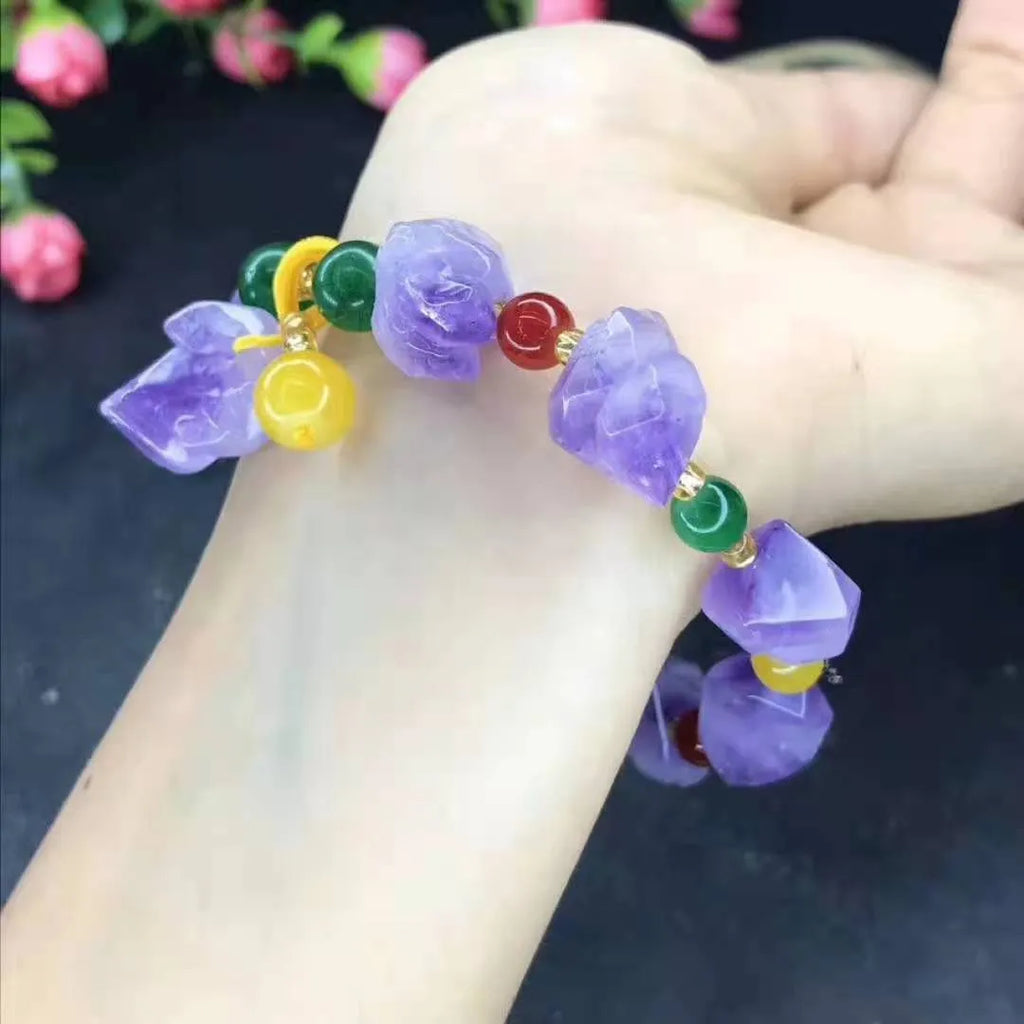 Natural shaped amethyst bracelet with fu character decoration for women's jewellery and gifting.