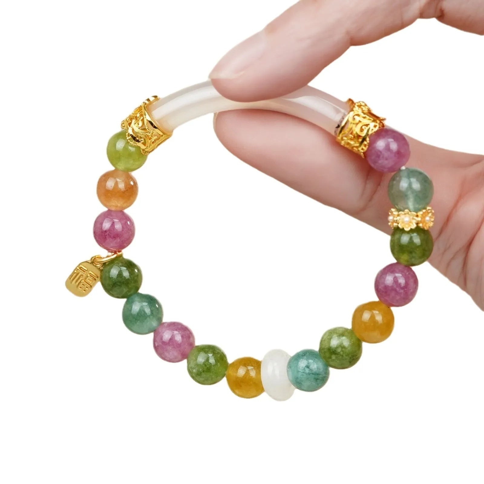 Natural rainbow tourmaline jade half-bracelet for women showing colourful stone construction