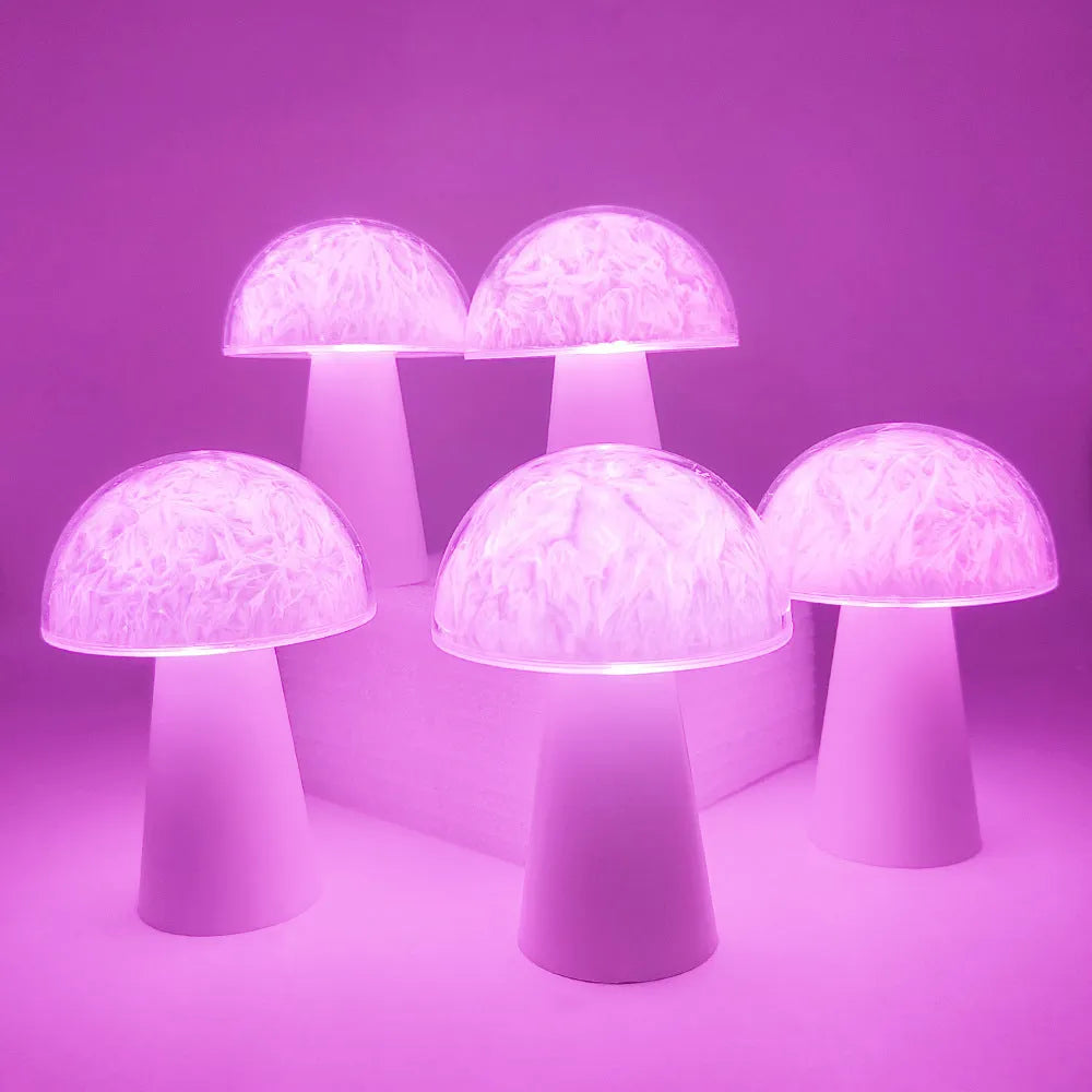 Mushroom-shaped RGB colour-changing night light with remote control on wooden surface