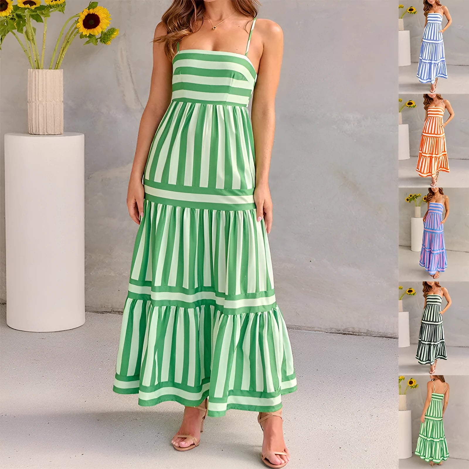 Women's printed long dress with suspender straps, square neckline, side pockets, and backless design