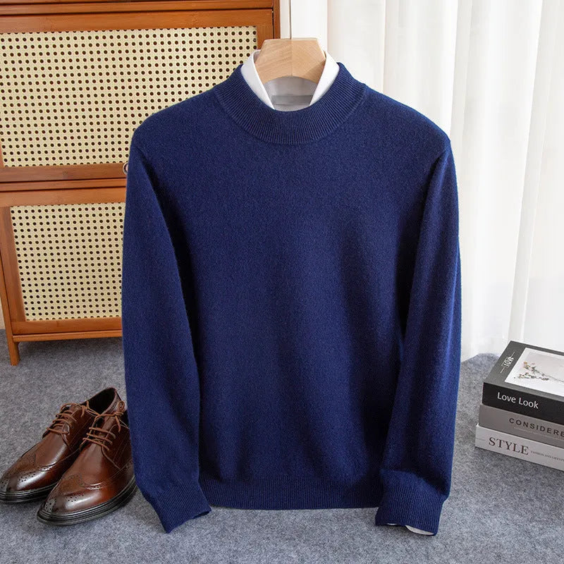 Men's half-collar wool sweater in coarse yarn knit, loose fit, shown in multiple colours