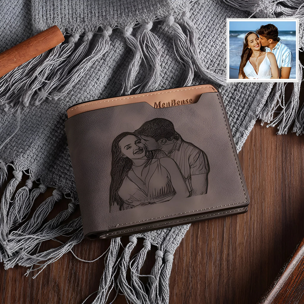 Coffee coloured engraved horizontal short PU wallet showing seven card slots.