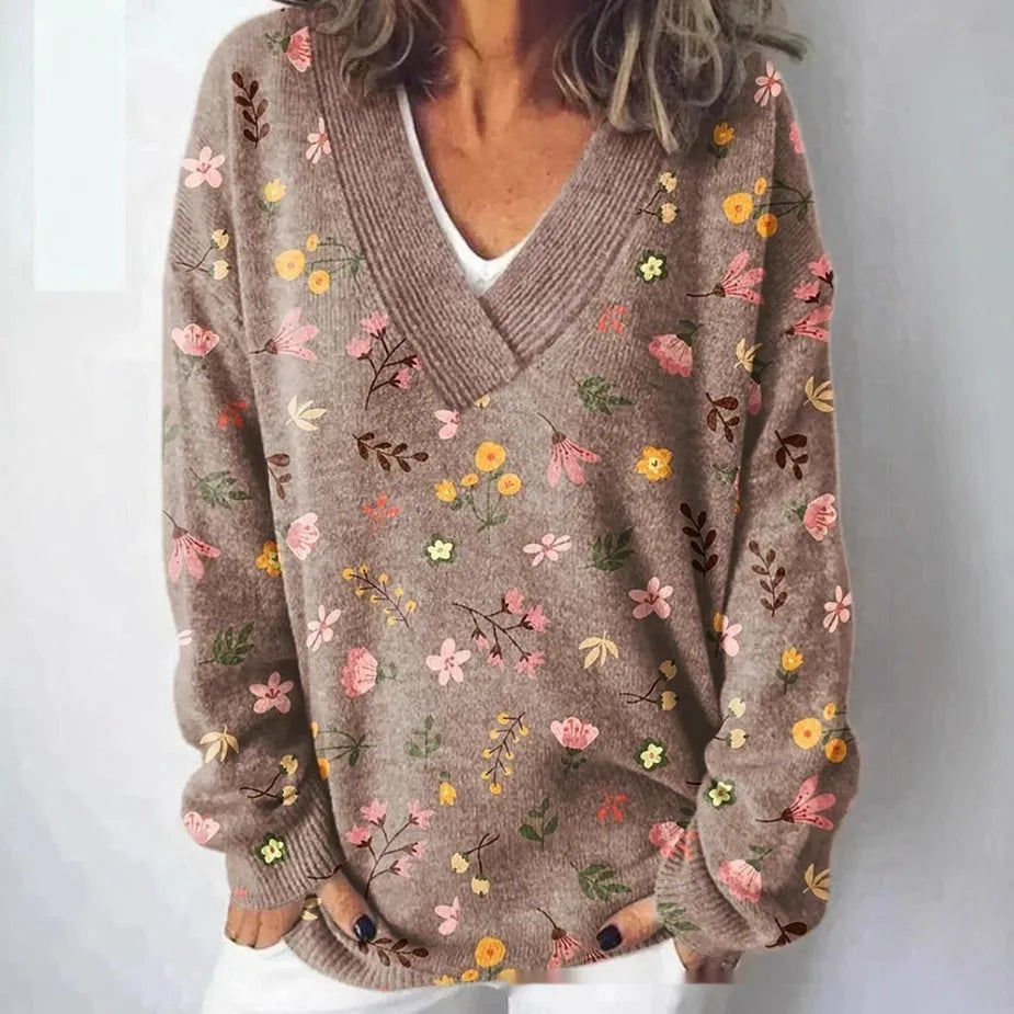 Women's V-neck sweatshirt with 3D floral pattern in art retro style