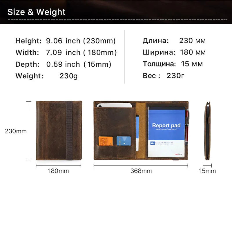 Brown Crazy Horse leather A5 notebook protective sleeve with square socket-style design