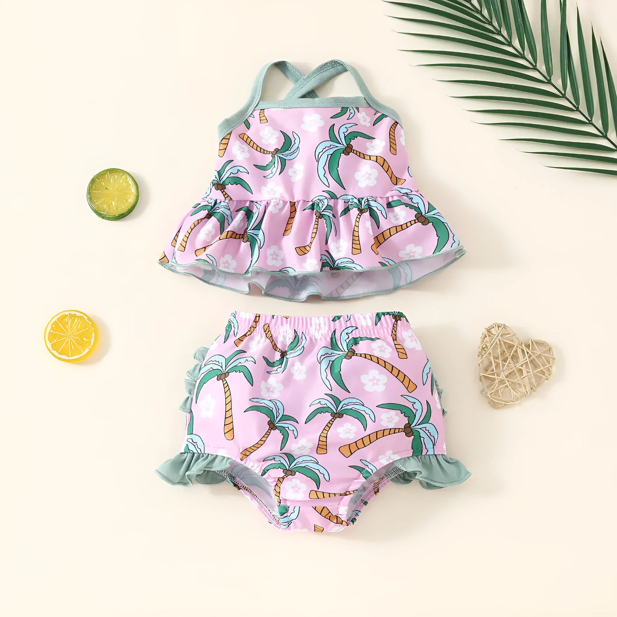 White children's two-piece swimsuit set with top and beach shorts