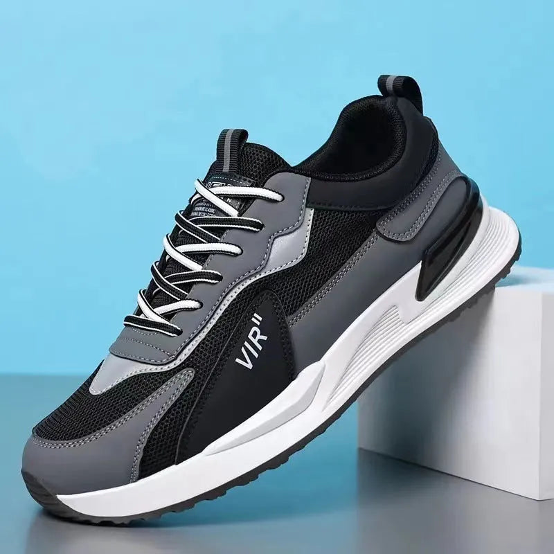 Men's colour block mesh lace-up sneakers in black, grey, and white colour options