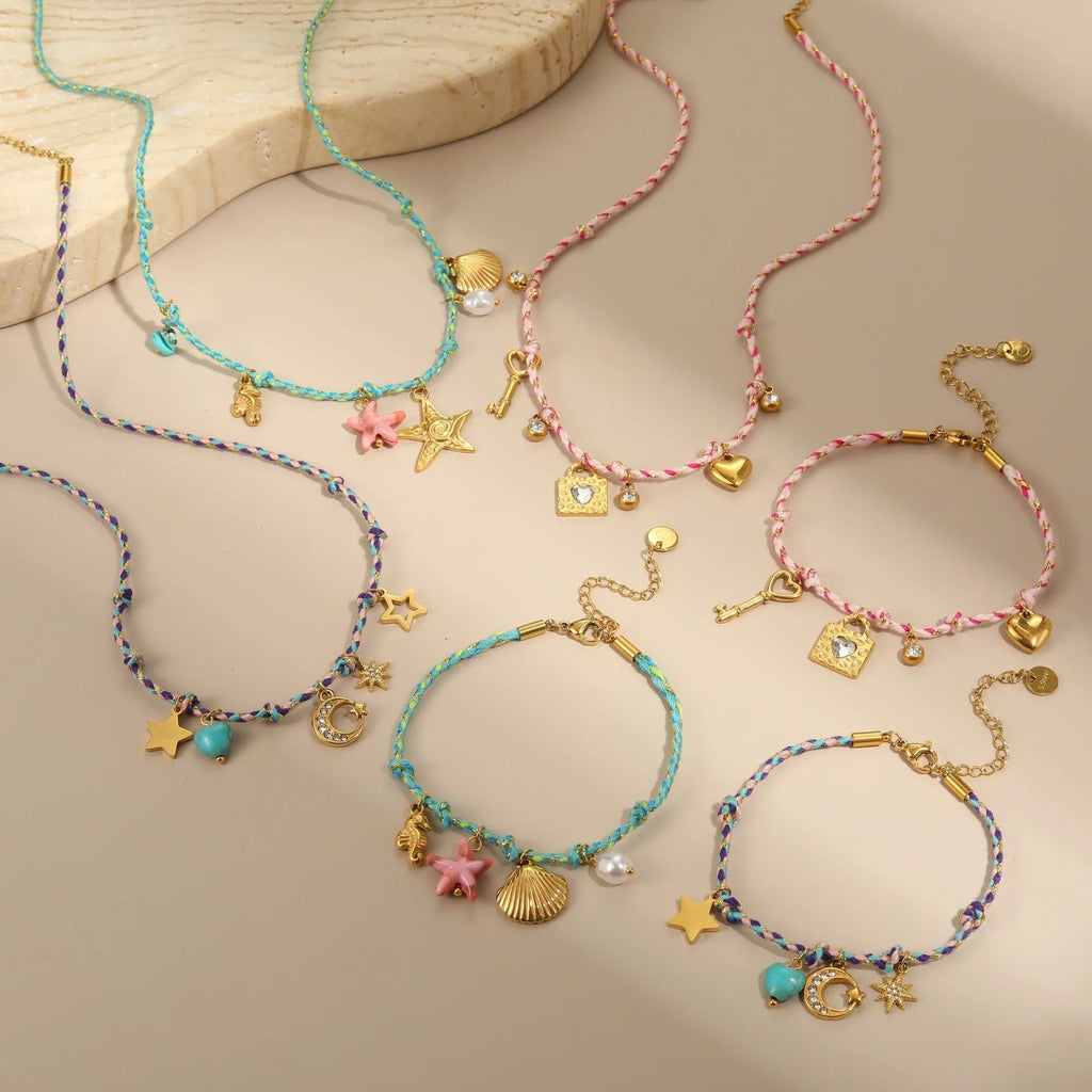 Handmade braided rope and stainless steel necklace and bracelet set with geometric pendant