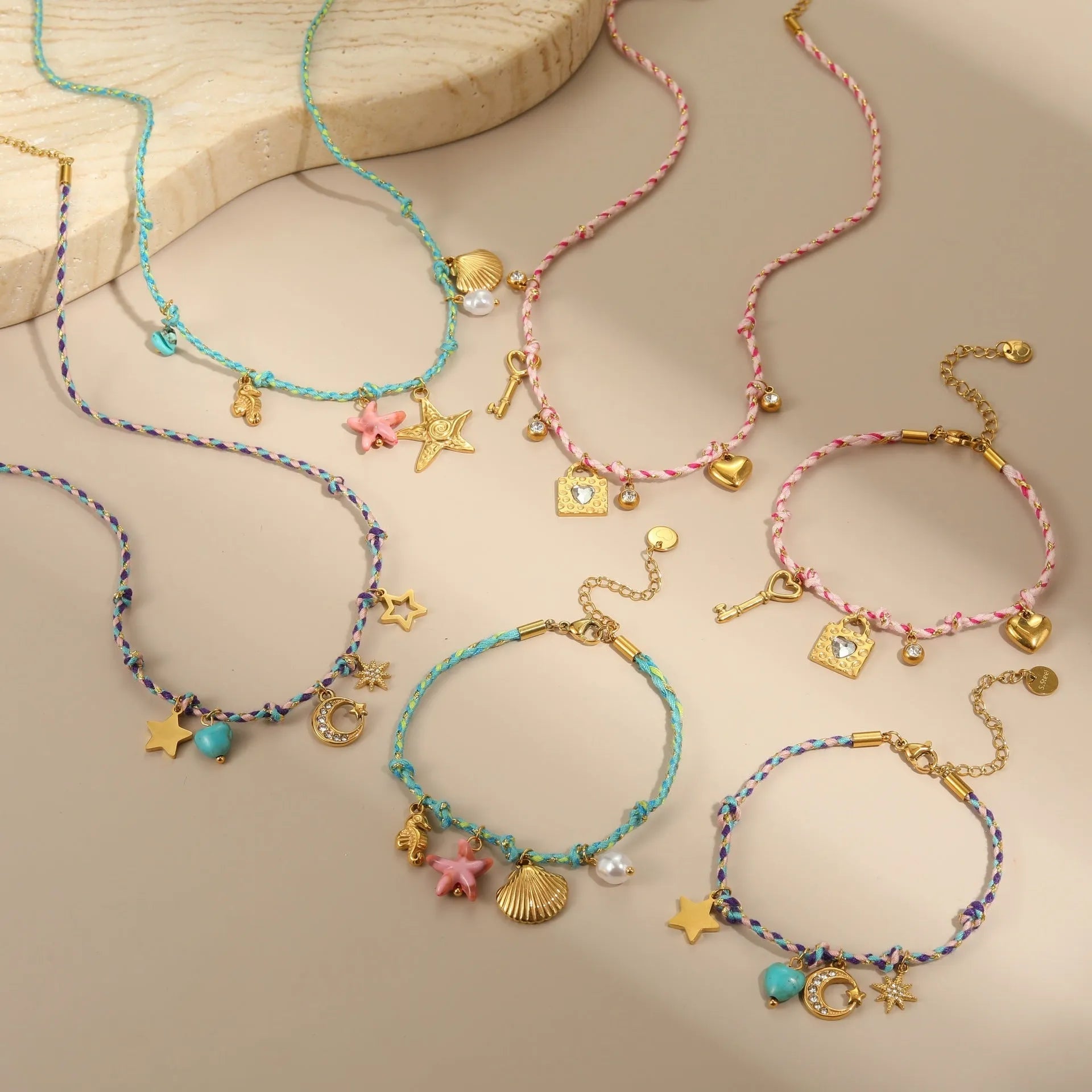 Handmade braided rope and stainless steel necklace and bracelet set with geometric pendant