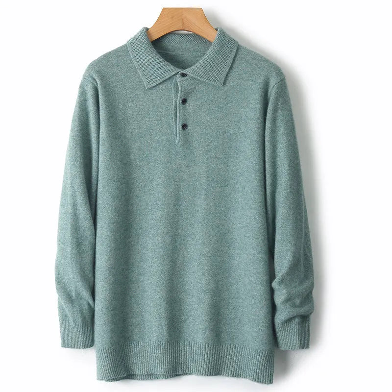 Men's woolen polo collar sweater pullover in black with long sleeves and stitched craft detail