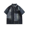 Blue loose-fit men's denim shirt with Japanese retro washed stitching detail.