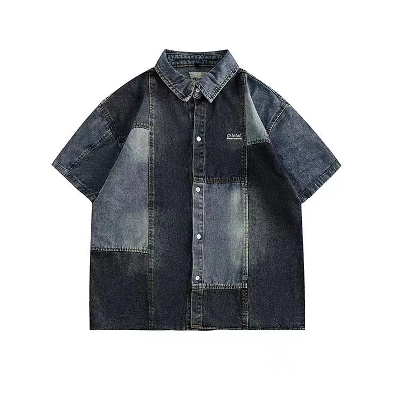 Blue loose-fit men's denim shirt with Japanese retro washed stitching detail.