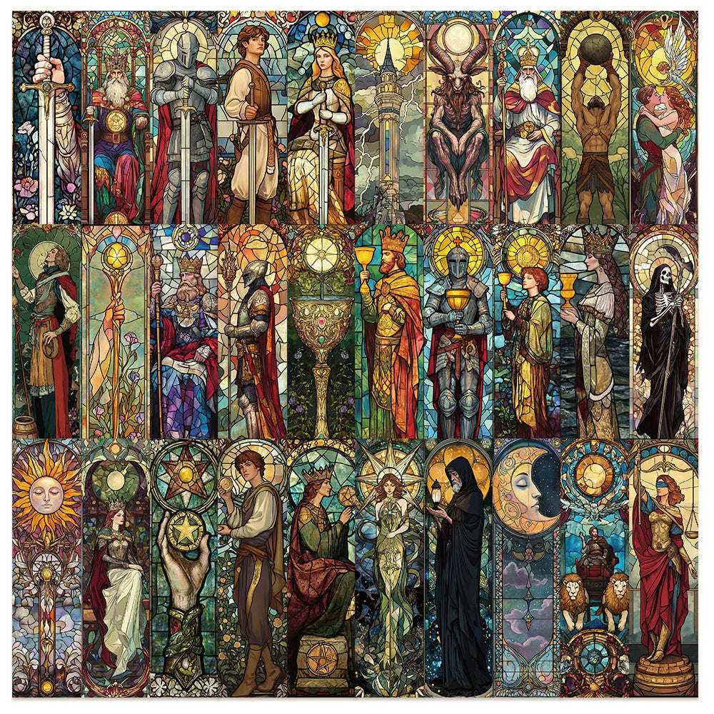 Thirty painted glass tarot paper bookmarks with cute designs arranged in set