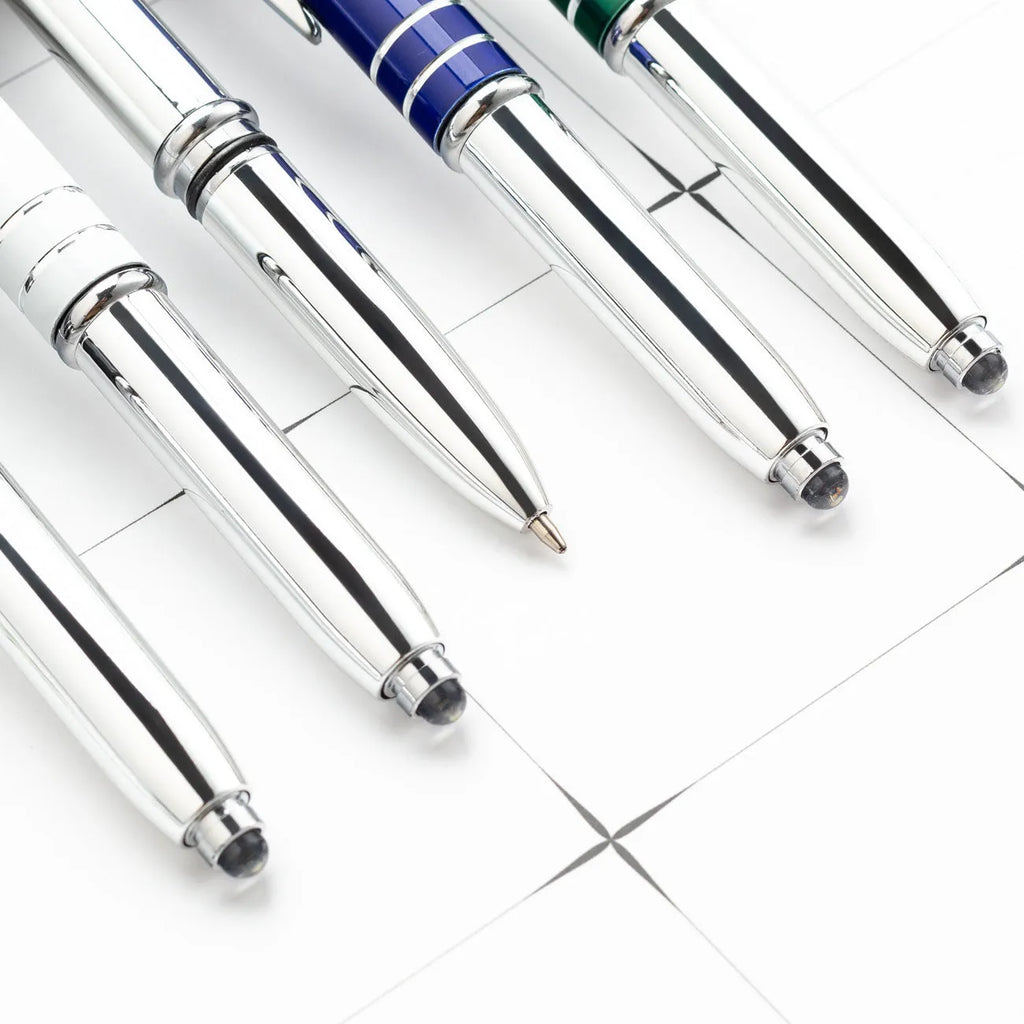 Red metal multifunctional stylus ballpoint pen with LED light and capacitive tip.