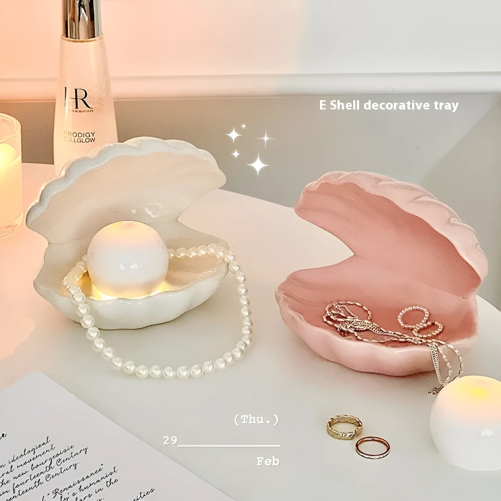 White porcelain decorative tray with storage compartment and optional small night light in pink or yellow colour