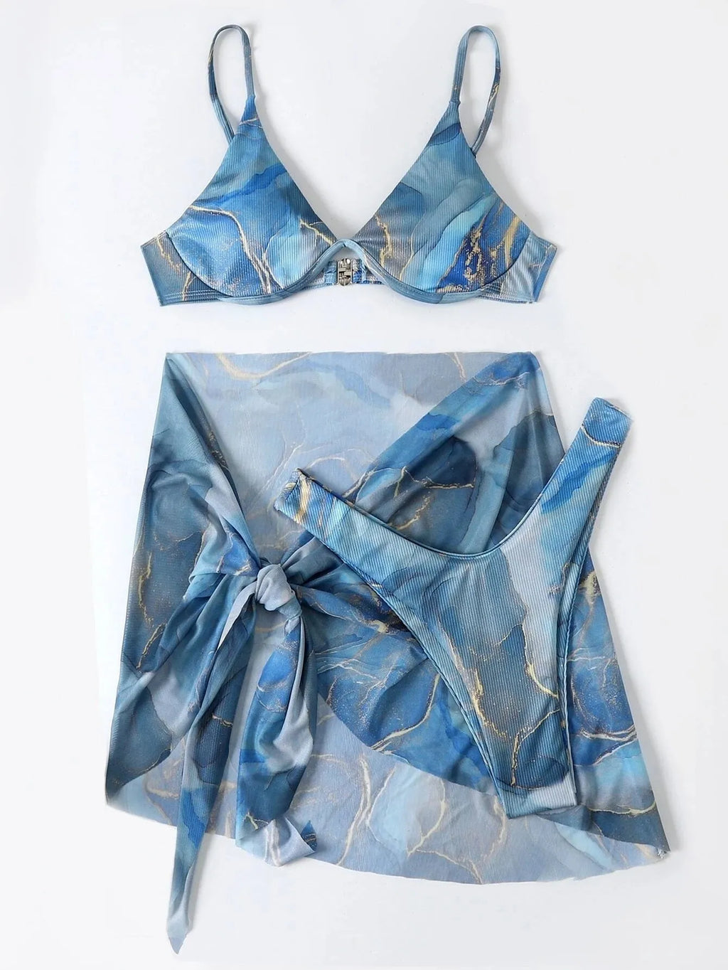 Marble print bikini swimwear set with bra, skirt, and panties in various colours