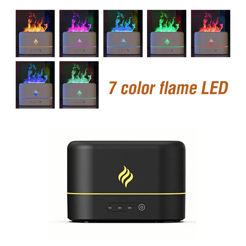 Black and white aromatherapy humidifier with a glowing seven-colour flame effect, showing USB port and water tank.