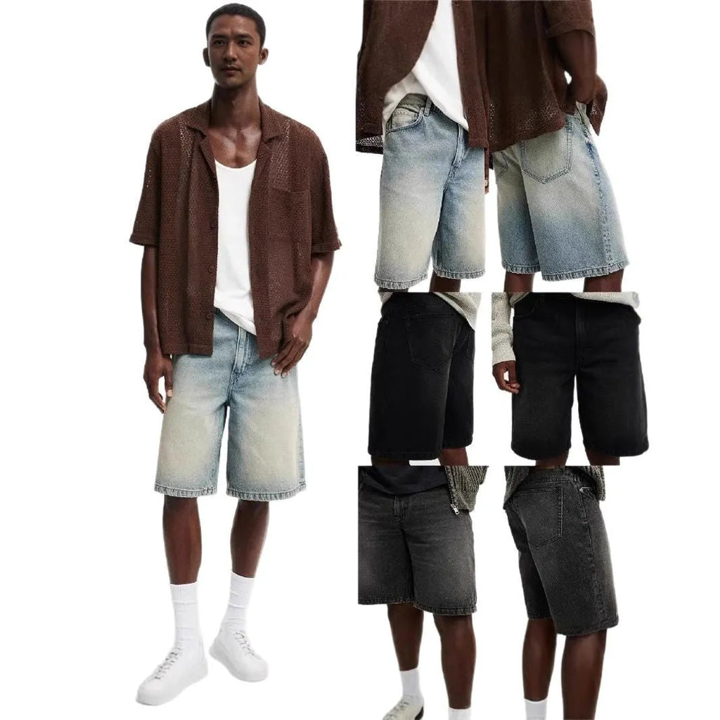 Men's loose straight-leg jeans in light blue denim on a neutral background