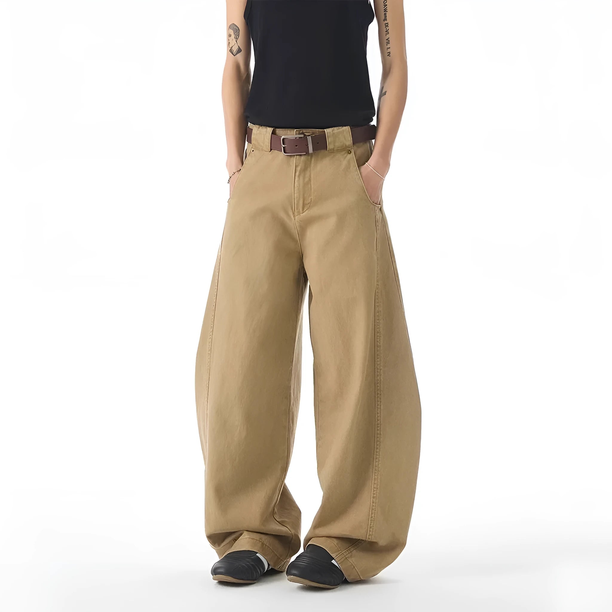 Men's brown loose fit straight leg jeans with cardigan button fly and Korean style design