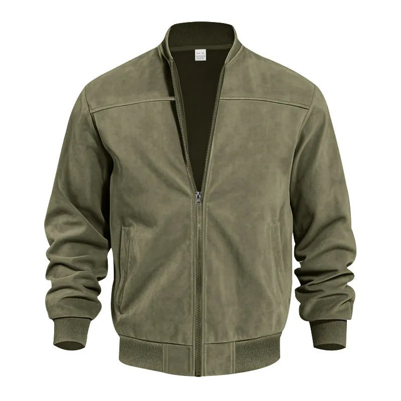 Men's army green suede casual jacket with zipper front on a hanger