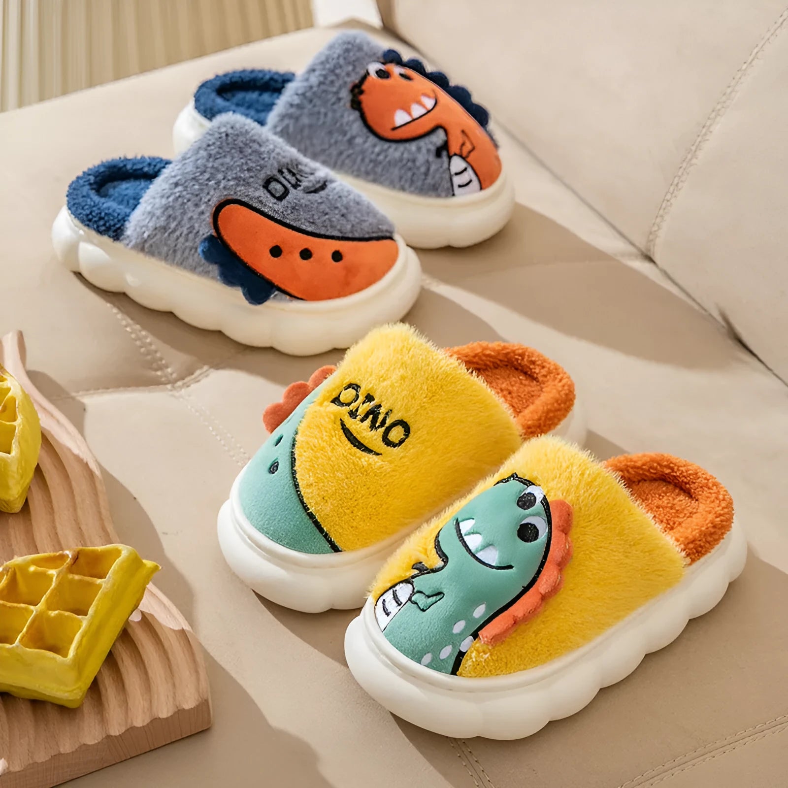 Cotton plush couple slippers with dinosaur patterns in grey, coffee, and orange colour options
