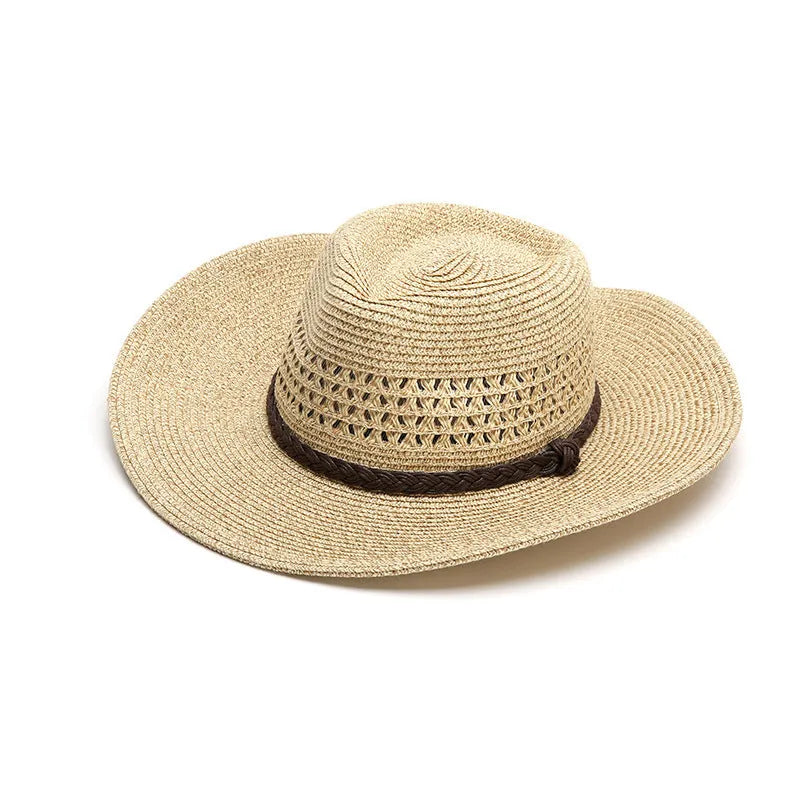 Men's foldable straw sun hat with wide brim shown in natural beige colour