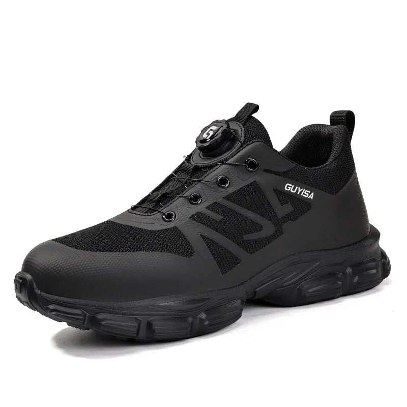 Lightweight black safety shoe with Flyknit fabric upper and a TPU outsole.
