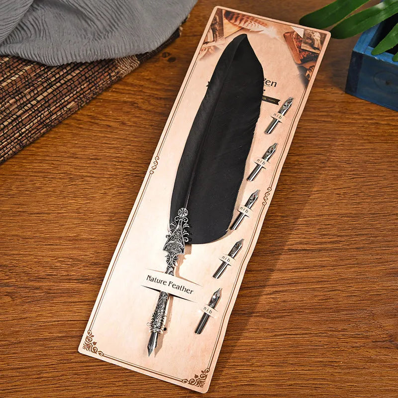 European retro feather dip pen with zinc alloy body in multiple colour options