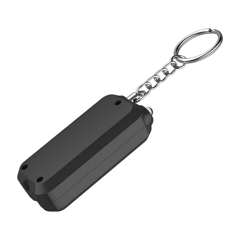 Small pink personal safety alarm on a keyring with a white box.